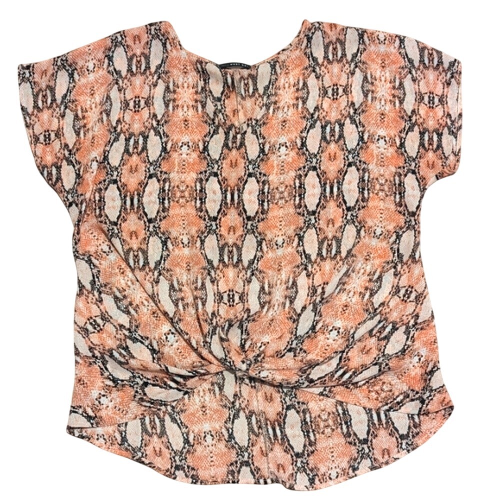 West Kei Blouse M Medium Peach Black Snakeskin Print Tunic Top Shirt Semi Sheer